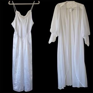 VTG Val Mode Lingerie Long Peignoir 2-Pc Chiffon Robe & Nightgown White Bridal